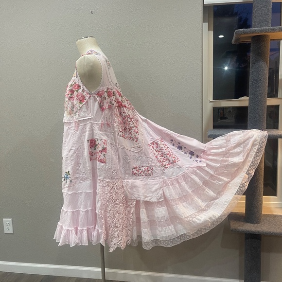 Pink Upcycled Boho Shabby Chic High Low  Dress with  Ruffles & Appliqués, Size M - Picture 6 of 13